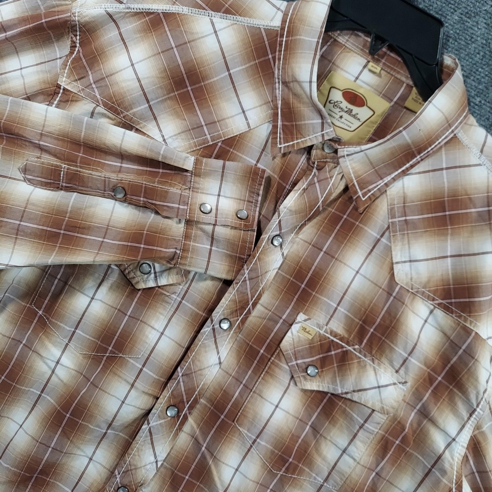 Larry Mahan Shirt Mens 2XL Brown Plaid Long Sleeve Pearl Snap Western Cowboy